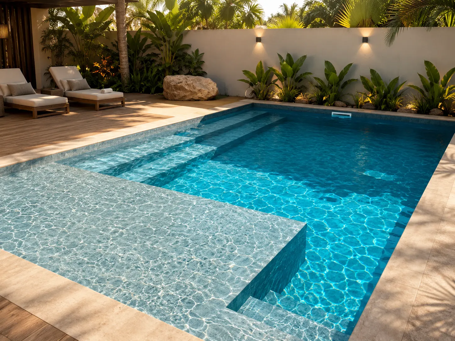 Piscina de alvenaria com revestimento e borda diferenciada