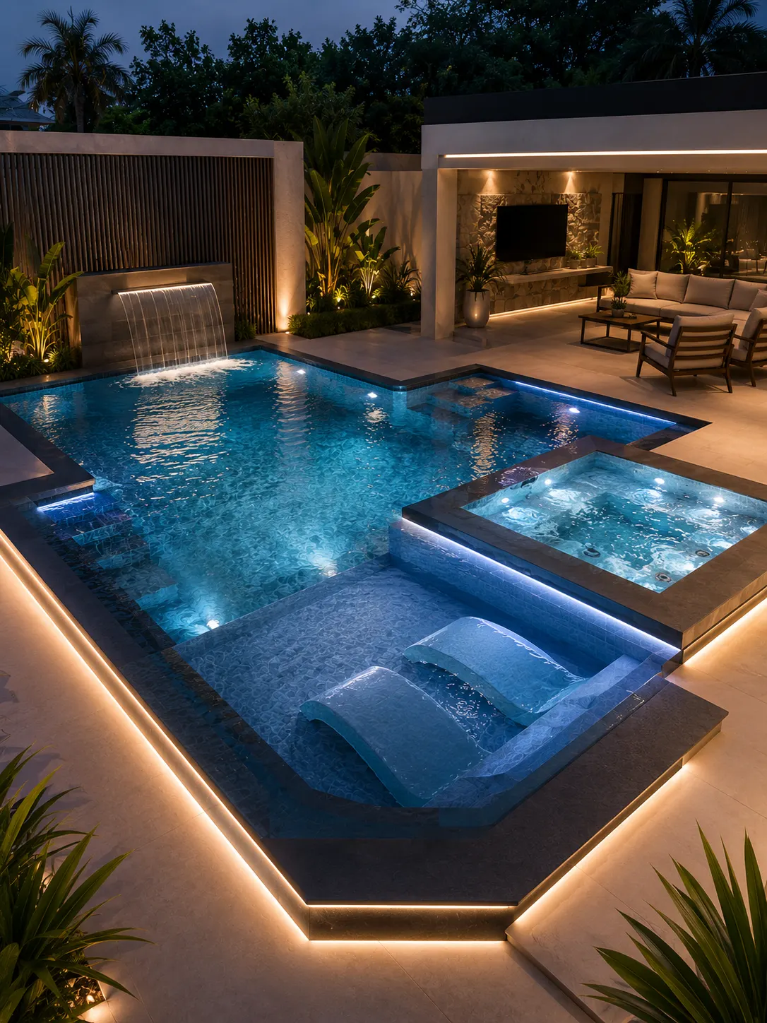 Linha Innova, piscina contemporânea com spa integrado e hidromassagem